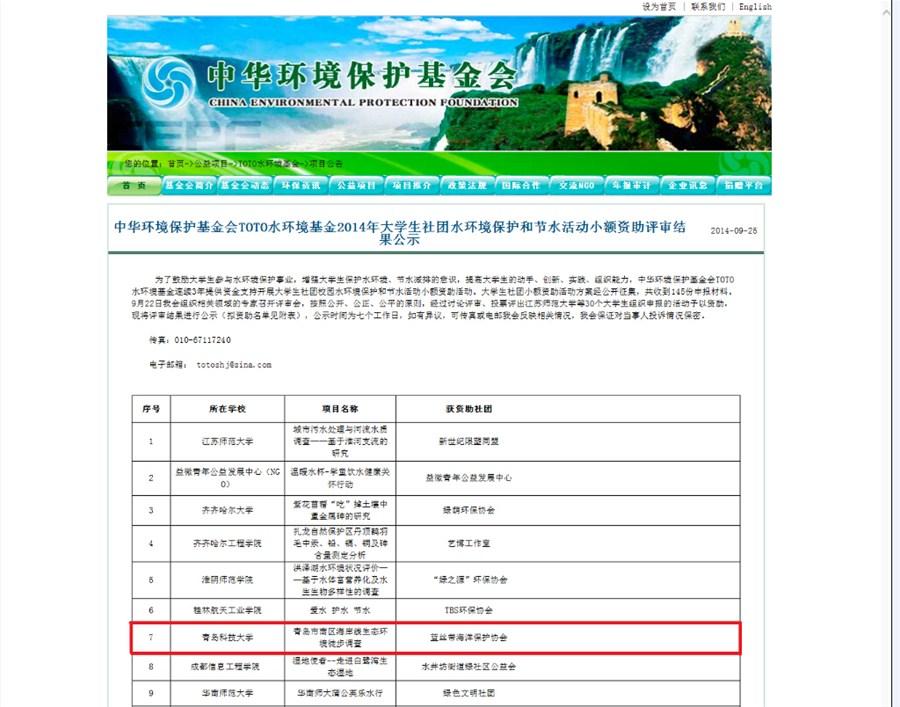 学校“蓝丝带”海洋保护协会一调研项目喜获中华环保基金会TOTO水环境基金立项